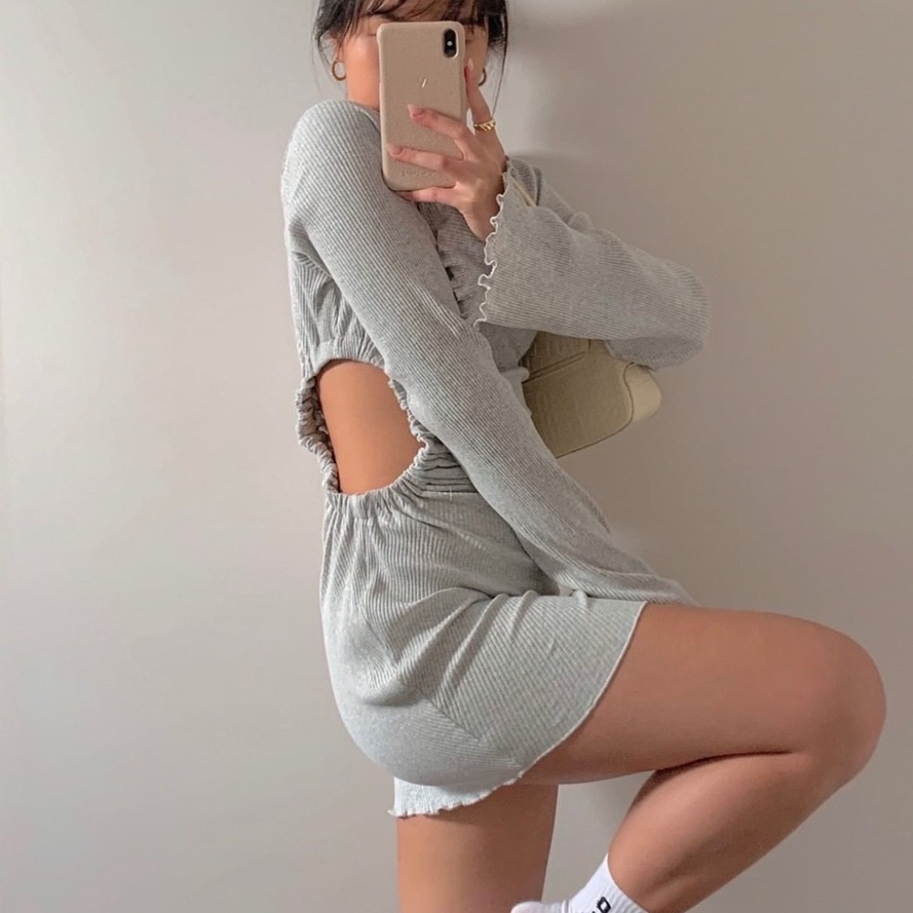 Grey Rib-Knit Cut Out Bell Sleeve Mini Dress - Picture 6 of 16